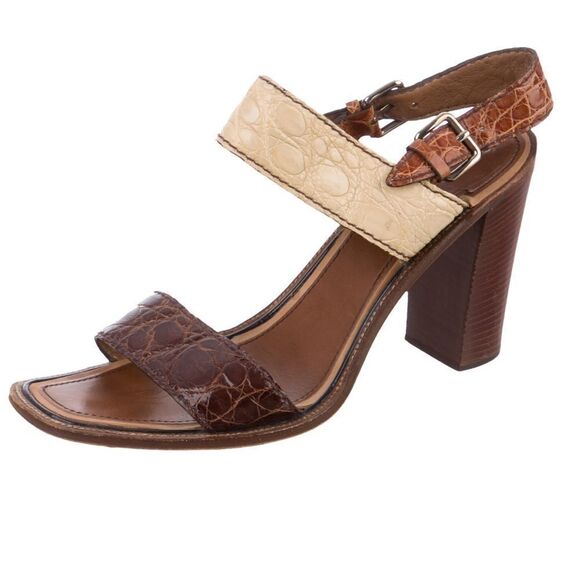 PRADA Gorgeous Alligator Leather Brown Cream Wood Stacked 4” Heel sandals 40 10